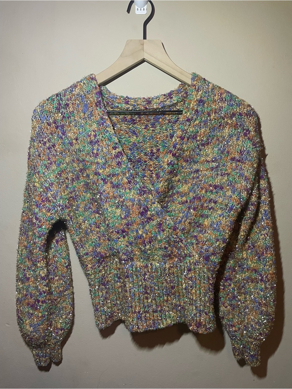 Willow & Root Multicolor Metallic Sparkle Knit Sweater Rainbow Boucle Size Small